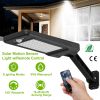 Solar outdoor wall light with 60 LEDs, PIR motion sensor, remote control, wireless design, and IP65 waterproof rating for garden and garage use.