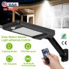 Solar outdoor wall light with 60 LEDs, PIR motion sensor, remote control, wireless design, and IP65 waterproof rating for garden and garage use.