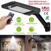 Solar outdoor wall light with 60 LEDs, PIR motion sensor, remote control, wireless design, and IP65 waterproof rating for garden and garage use.