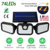Solar wall lamp with 74 LEDs, 3 adjustable heads, motion sensor, IP65 waterproof, 270° wide-angle security light for garage and front door.
