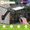 Solar outdoor wall light with 60 LEDs, PIR motion sensor, remote control, wireless design, and IP65 waterproof rating for garden and garage use.