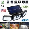 Solar wall lamp with 74 LEDs, 3 adjustable heads, motion sensor, IP65 waterproof, 270° wide-angle security light for garage and front door.