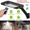 Solar outdoor wall light with 60 LEDs, PIR motion sensor, remote control, wireless design, and IP65 waterproof rating for garden and garage use.