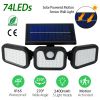 Solar wall lamp with 74 LEDs, 3 adjustable heads, motion sensor, IP65 waterproof, 270° wide-angle security light for garage and front door.