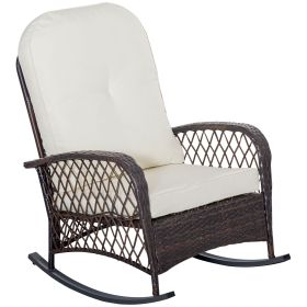 Outdoor PE Rattan Rocking Chair Wide Seat Thick Cushion Cream White