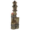 Outdoor fountain with birdhouse and bird bath, 3-tier rustic tree trunk waterfall with LED lights for porch, deck, and yard décor.