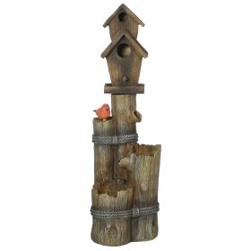 Outdoor fountain with birdhouse and bird bath, 3-tier rustic tree trunk waterfall with LED lights for porch, deck, and yard décor.