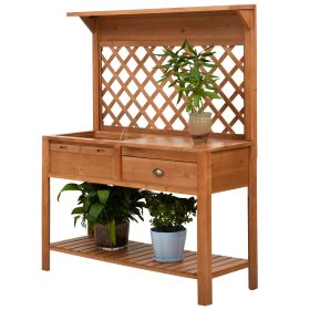 Outdoor Wooden Garden Potting Bench Workstation Metal Screen Drawer Hooks Storage Shelf Lattice Back Bench