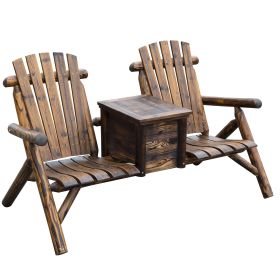 Double Adirondack Chair Loveseat with Ice Bucket Wooden Rustic Outdoor Patio Furniture Weather Resistant