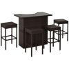 5 Piece Rattan Wicker Bar Set Glass Top Table 4 Bar Stools 2 Tier Storage Shelf