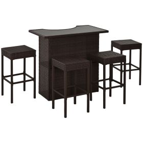 5 Piece Rattan Wicker Bar Set Glass Top Table 4 Bar Stools 2 Tier Storage Shelf Outdoor Patio Garden Brown