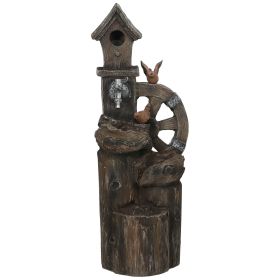 2 in 1 Resin Tree Trunk Outdoor Water Fountain with Birdhouse and LED Lights