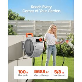 5/8 Inch x 100 ft Wall Mounted Retractable Garden Hose Reel Heavy Duty with 9-Pattern Nozzle Adjustable Length Lock