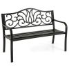 50" Outdoor Garden Bench with Floral Design Backrest – Metal Slatted Seat Porch Bench