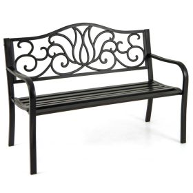 50" Outdoor Garden Bench with Floral Design Backrest – Metal Slatted Seat Porch Bench