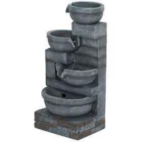 30" Tall Outdoor Waterfall Fountain with LED Lights, 4-Tier Resin Cascading Water Bowls with Pump, Gray