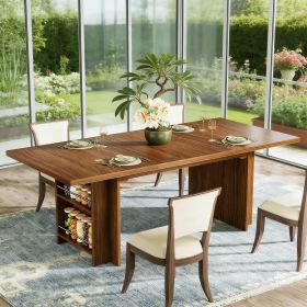 Farmhouse Wooden Dining Table Kitchen Table with Storage Shelves Seats 6 to 8 People