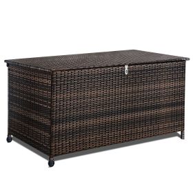 120 Gallon Outdoor Wicker Storage Box Waterproof Resin Rattan Deck Box Patio Cushion Storage