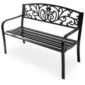 50" Patio Park Bench Steel Frame Cast Iron Backrest – Outdoor Porch Chair Bench