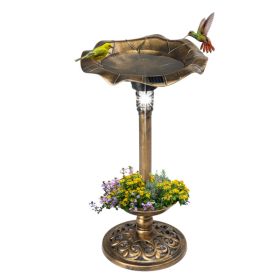 Outdoor Solar Bird Bath Fountain with Planter Feeder Bronze Garden Decor