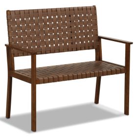 Outdoor All Weather Bench Solid Rubber Wood Frame Hand Woven PU Leather Seat