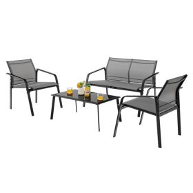4 Piece Patio Furniture Set with Armrest Loveseat Sofas and Glass Coffee Table Outdoor Deck Conversation Set