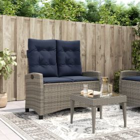Grey PE Rattan Reclining Bench Adjustable Outdoor Patio Seating with Navy Blue Cushions