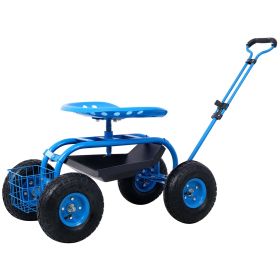 Refurbished rolling garden scooter seat with wheels, 360° swivel seat, and tool tray for yard and gardening work, blue.