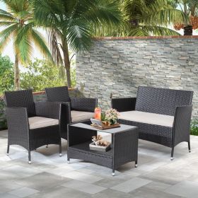 4 Piece Patio Conversation Set Cushions Tempered Glass Tabletop Outdoor Furniture Set Garden Patio Backyard