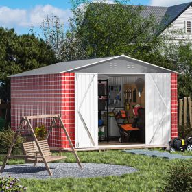 12x8 Ft Metal Storage Shed Lockable Doors Ventilated Garden Tool Shed All Weather Red Brick Style