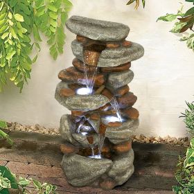 29.9 Inch Rock Water Fountain with LED Lights Outdoor Garden Patio Waterfall Fountain
