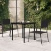 Outdoor garden dining table with black steel frame and tempered glass top, medium patio table for backyard, deck, and garden use.