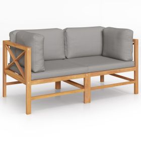 Natural Teak Wood Garden Bench with Dark Gray Cushions Outdoor Seating