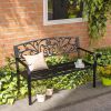 50" Outdoor Metal Garden Bench Black with Floral Backrest – Porch Bench with Slatted Seat