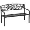 50" Outdoor Metal Garden Bench Black with Floral Backrest – Porch Bench with Slatted Seat