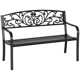50" Outdoor Metal Garden Bench Black with Floral Backrest – Porch Bench with Slatted Seat