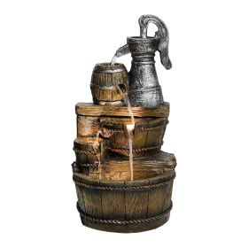 Outdoor Rustic 5-Tier Barrel and Pump Water Fountain Garden Patio Floor Water Feature Decor