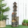 Outdoor cascading garden fountain with birdhouse and bird bath, 3-tier rustic tree trunk waterfall design with LED lights.