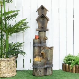 Outdoor cascading garden fountain with birdhouse and bird bath, 3-tier rustic tree trunk waterfall design with LED lights.