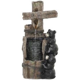 22.8 Inch 3-Tier Resin Bears on Log Outdoor Water Fountain Waterfall Fountain with LED Lights and Pump Garden Decor