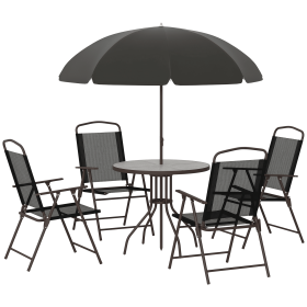 6-Piece Patio Dining Set for 4 with Umbrella Hole – Outdoor Round Glass Table & 4 Folding Chairs for Garden, Backyard, Deck & Patio