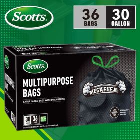 Scotts 36 Count 30 Gallon Drawstring Trash Bags Heavy Duty Non-Rip Black Garbage Bags for Large Kitchen and Household Waste Bins
