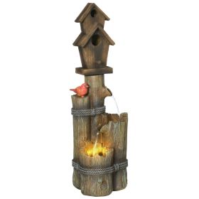 Outdoor bird bath fountain with birdhouse, 3-tier cascading waterfall, rustic tree trunk design, and LED lights for patio and porch décor.