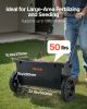 VEVOR lawn drop spreader, 50 lb capacity walk-behind push spreader with all-terrain tires.