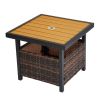Outdoor PE Rattan Wicker Side Table with Umbrella Hole and Storage Brown