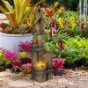 Outdoor bird bath fountain with birdhouse, 3-tier cascading waterfall, rustic tree trunk design, and LED lights for patio and porch décor.