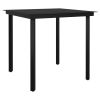 Outdoor garden dining table with black steel frame and tempered glass top, medium patio table for backyard, deck, and garden use.