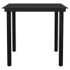 Outdoor garden dining table with black steel frame and tempered glass top, medium patio table for backyard, deck, and garden use.