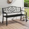 50" Outdoor Garden Bench with Floral Design Backrest – Metal Slatted Seat Porch Bench