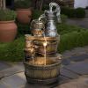 Outdoor Rustic 5-Tier Barrel and Pump Water Fountain Garden Patio Floor Water Feature Decor